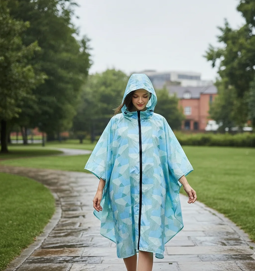 Ice Geometry poncho drape and fit shown while walking outdoors