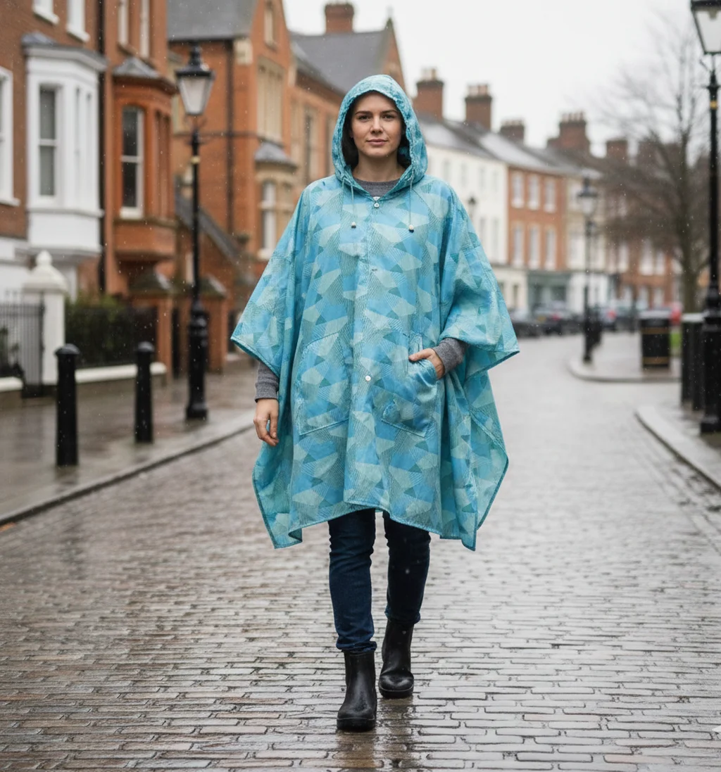 Woman wearing Ice Geometry poncho in rainy UK weather