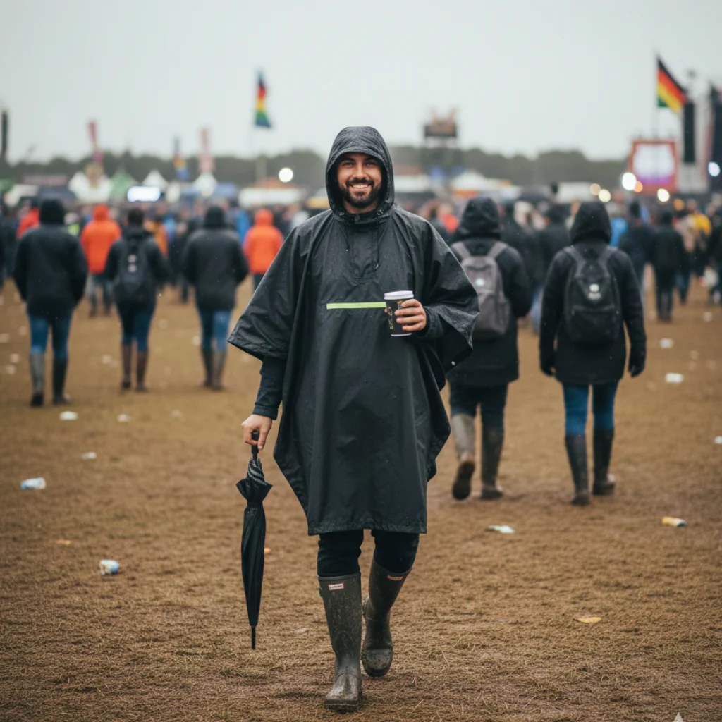Black Shield festival poncho packed and ready for travel