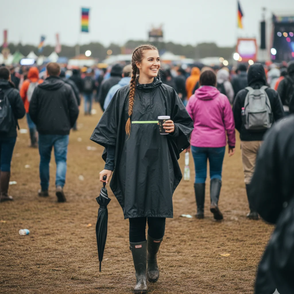 Black Shield festival rain poncho worn in rainy outdoor conditions