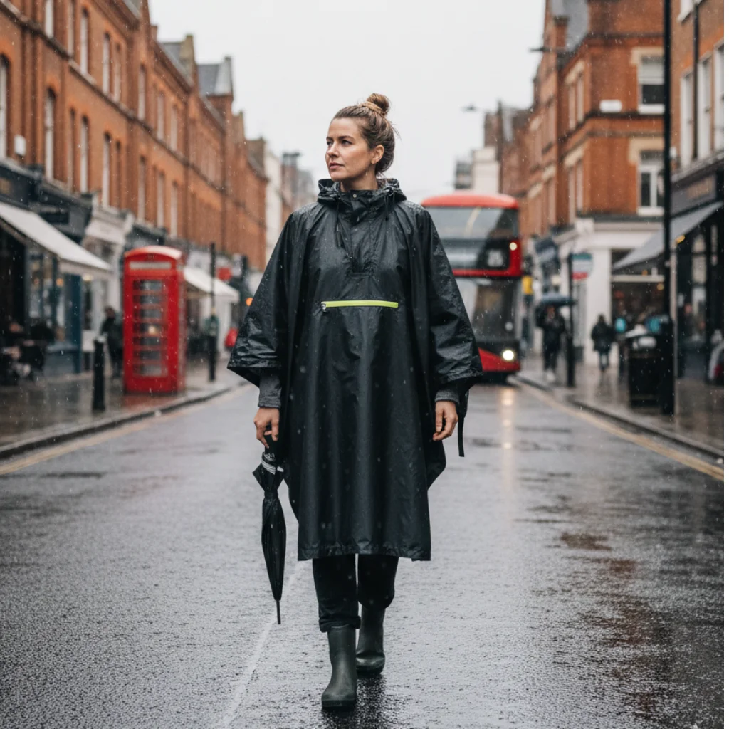 Black Shield waterproof poncho showing hood and zip details