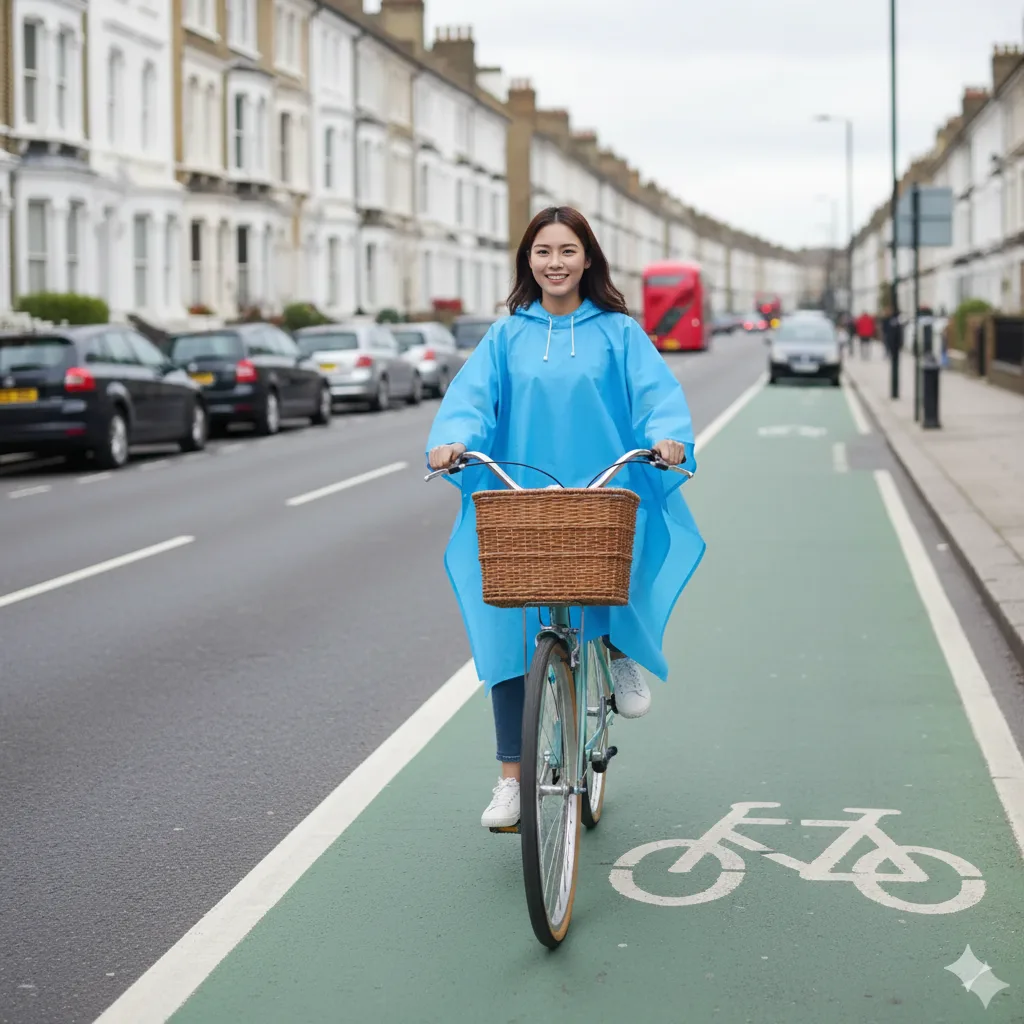 Blue bike rain poncho worn while cycling in wet weather