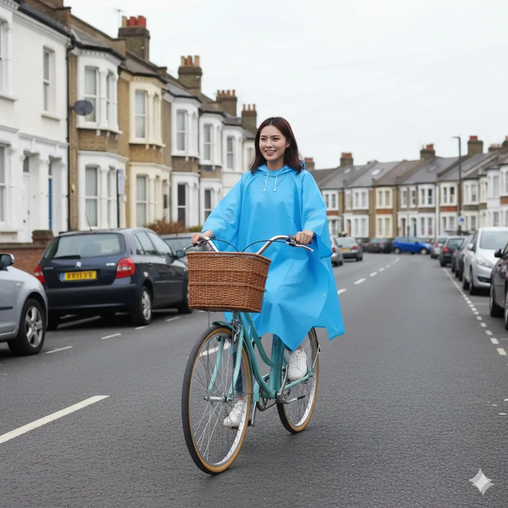 Blue bike rain poncho packed small and easy to carry