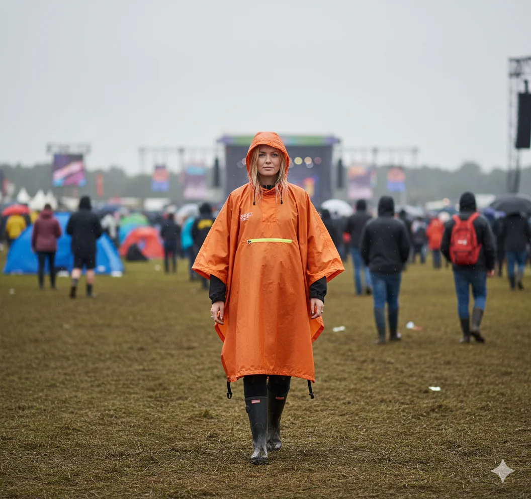 Orange Shield festival poncho worn outdoors in rainy conditions