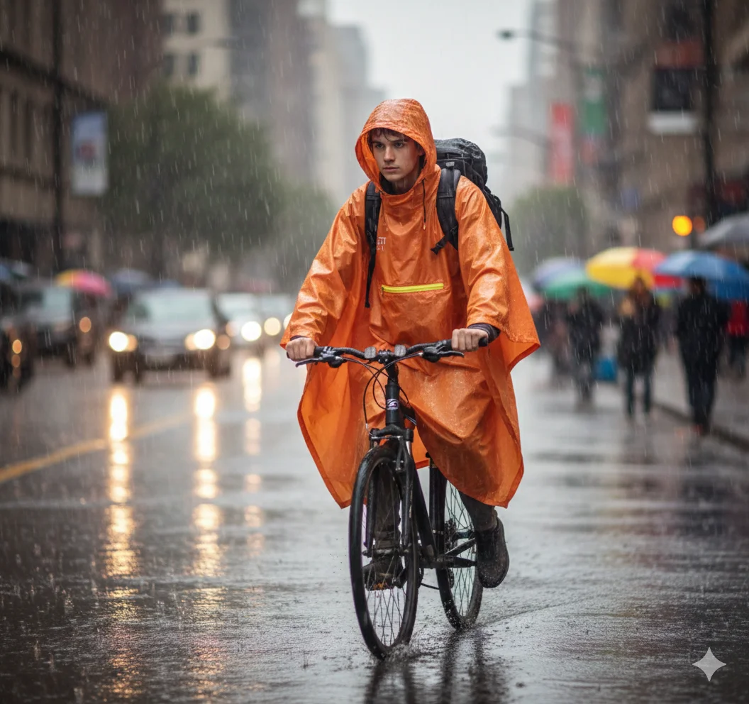 Orange Shield festival poncho packed into compact compression pouch