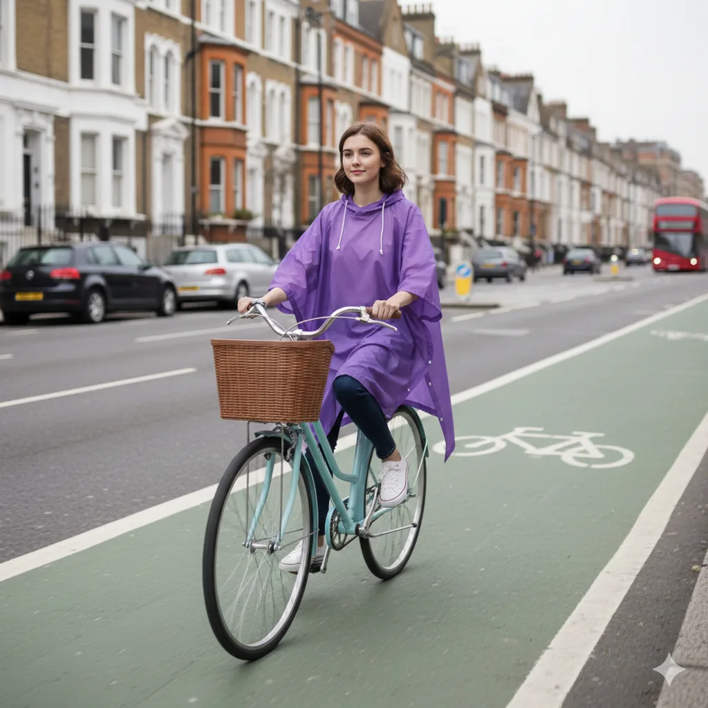 Purple bike rain poncho worn while cycling in wet weather