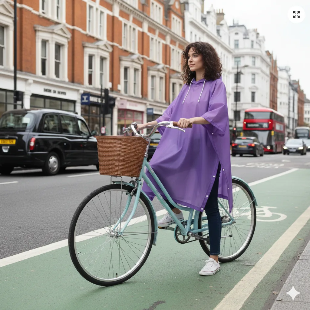 Purple bike rain poncho showing loose fit and hood coverage