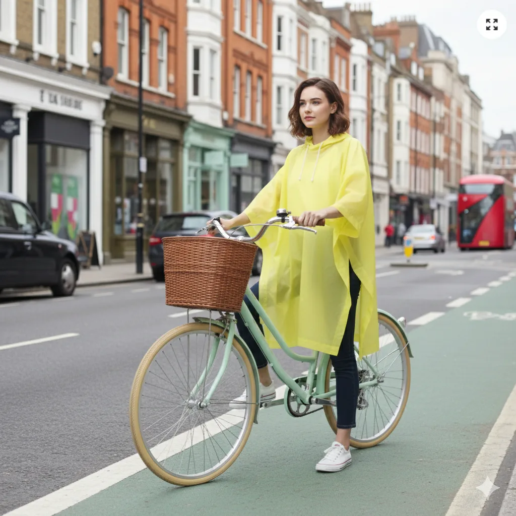 Yellow festival bike rain poncho worn outdoors in rainy weather