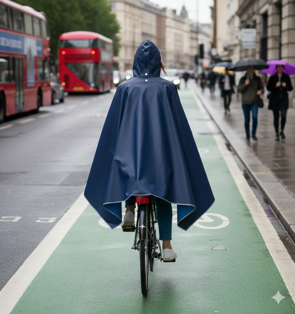 Bike Navy cycling rain poncho worn on a bike for UK rain protection