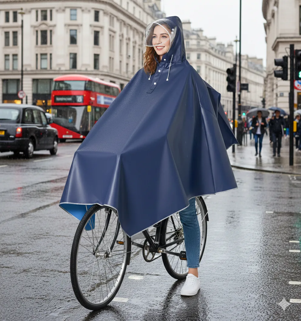 Bike Navy poncho rain cape showing hood and coverage for cycling