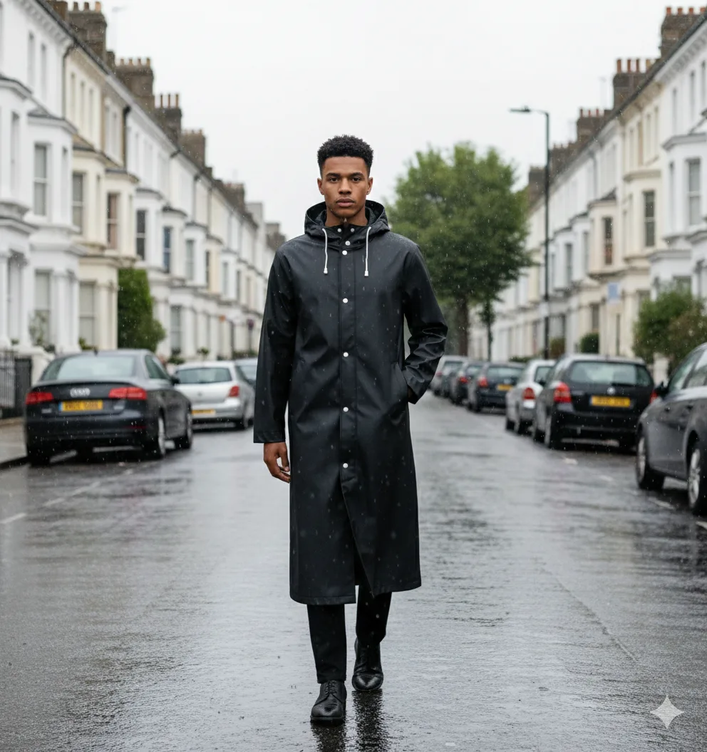 Long black rain poncho coat worn outdoors in wet weather