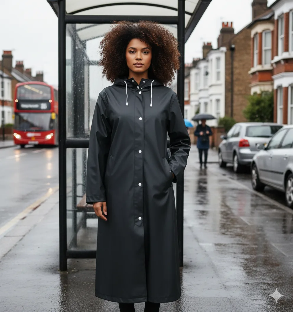 Long black rain poncho coat showing hood and sleeve coverage