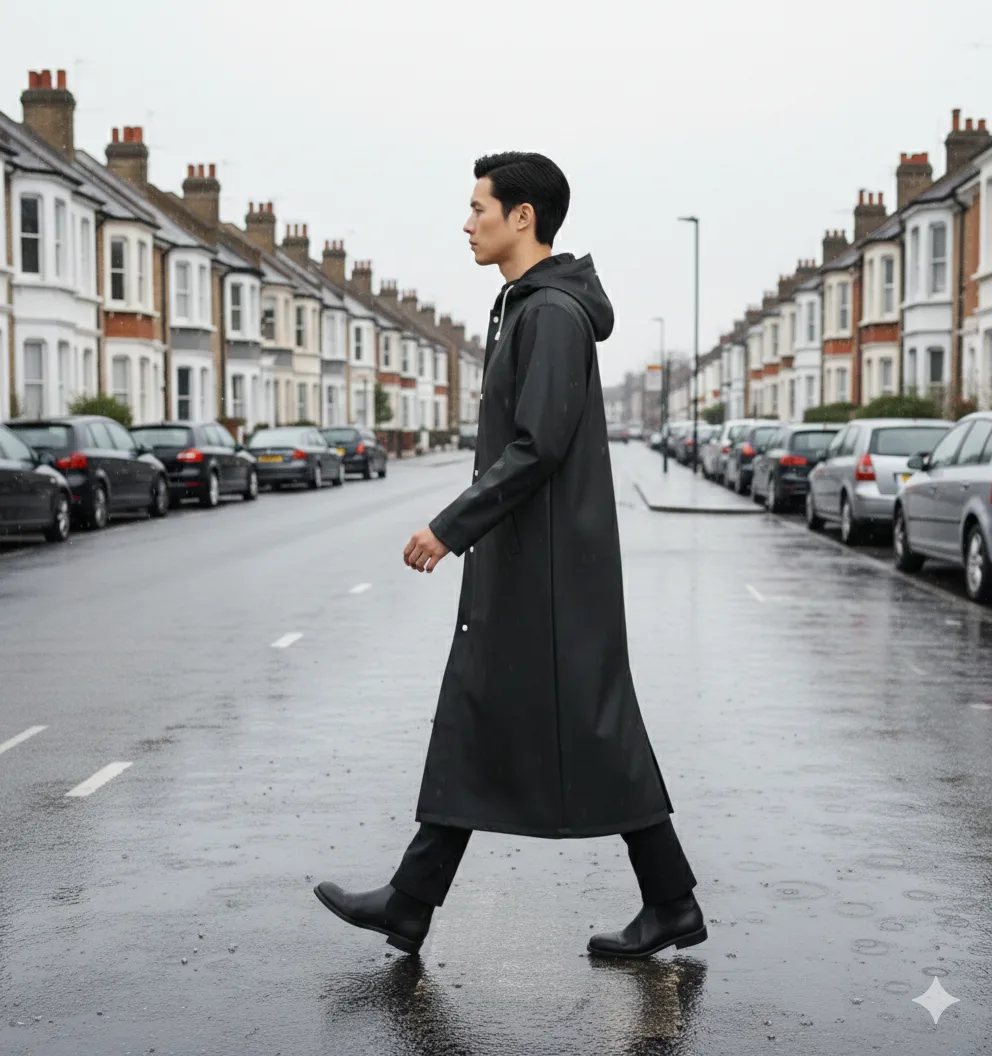 Long black rain poncho coat size and fit illustration