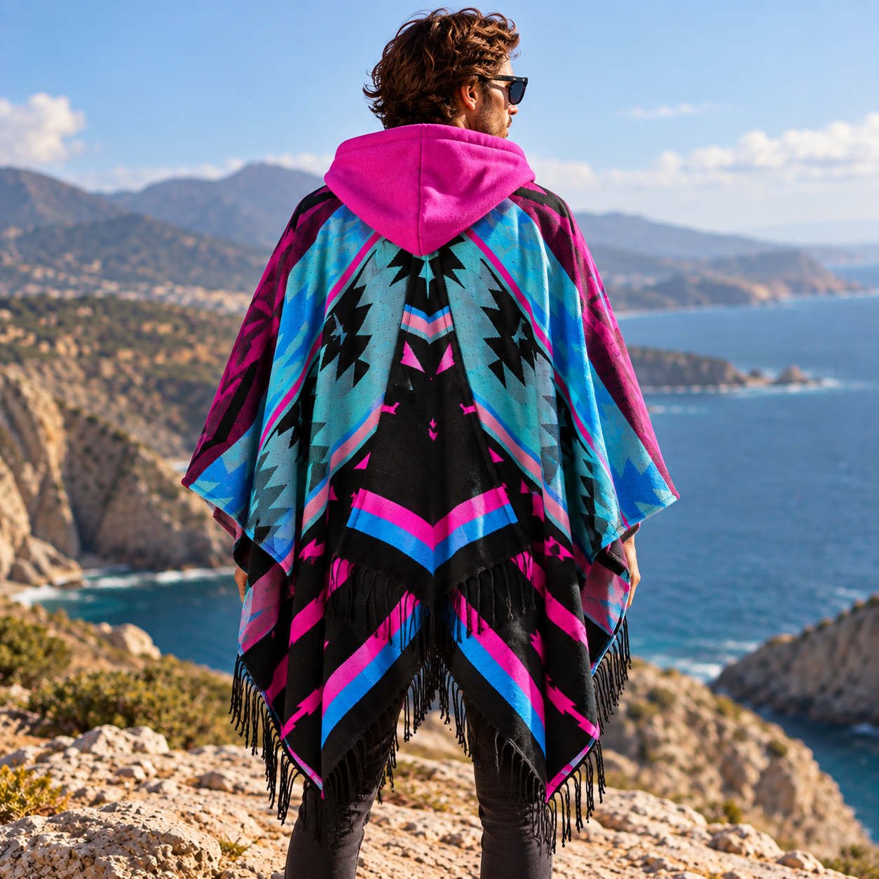 Men's Hooded Poncho – Neon Magenta - Image 6