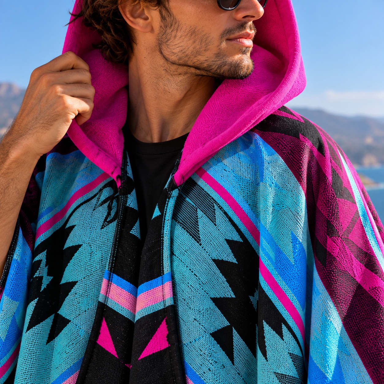 Men's Hooded Poncho – Neon Magenta - Image 5