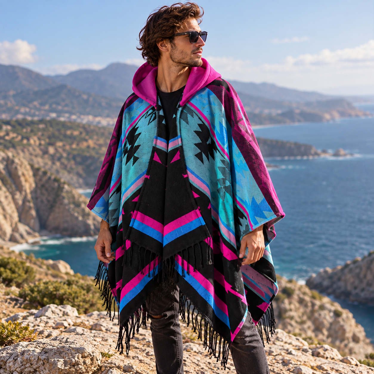 Men's Hooded Poncho – Neon Magenta - Image 3