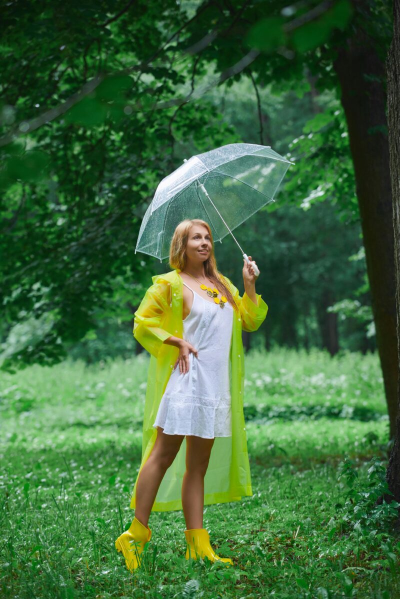 Person in the UK wearing a waterproof poncho while others use umbrellas in the rain