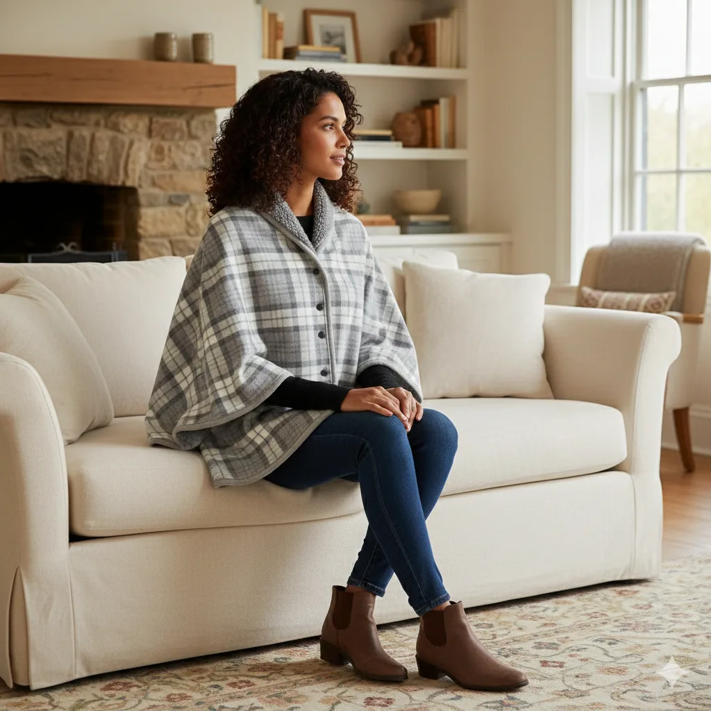 Grey plaid women poncho worn indoors for cosy winter comfort