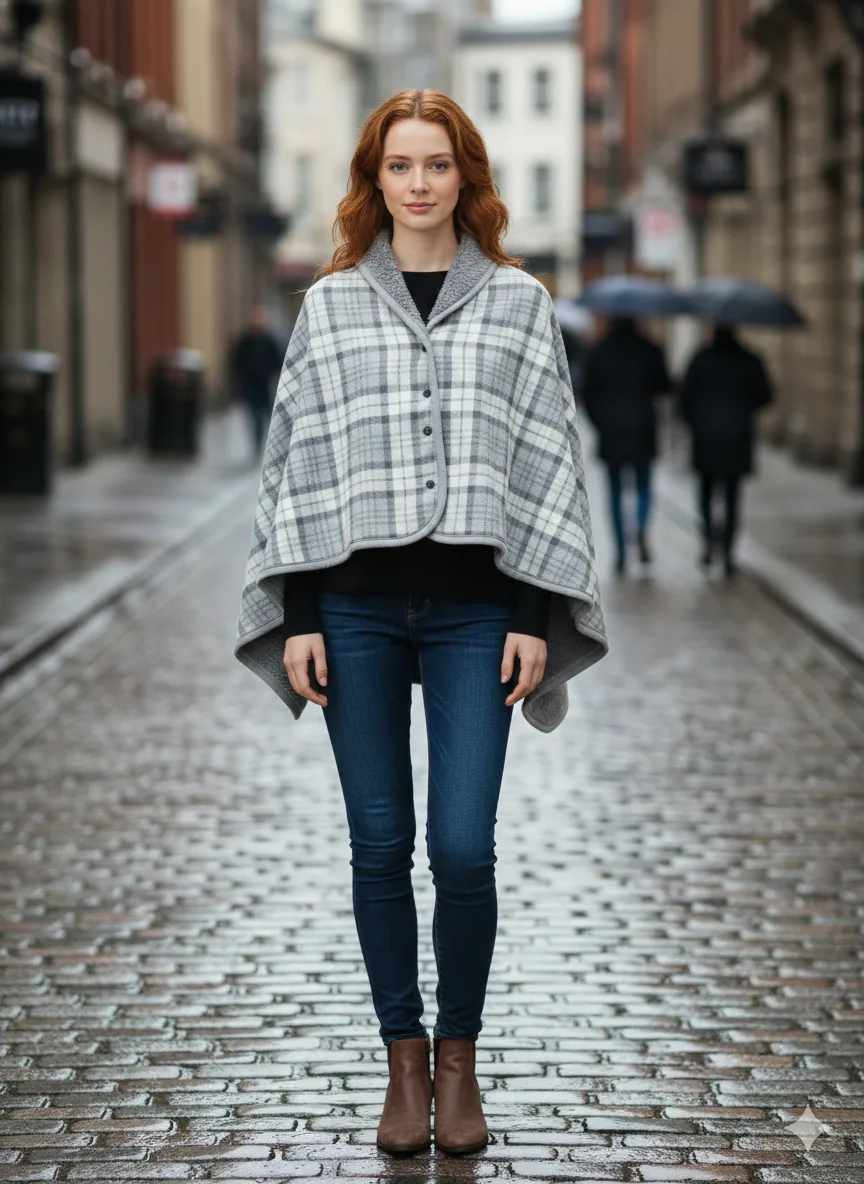 Grey plaid women poncho showing relaxed shawl-style fit