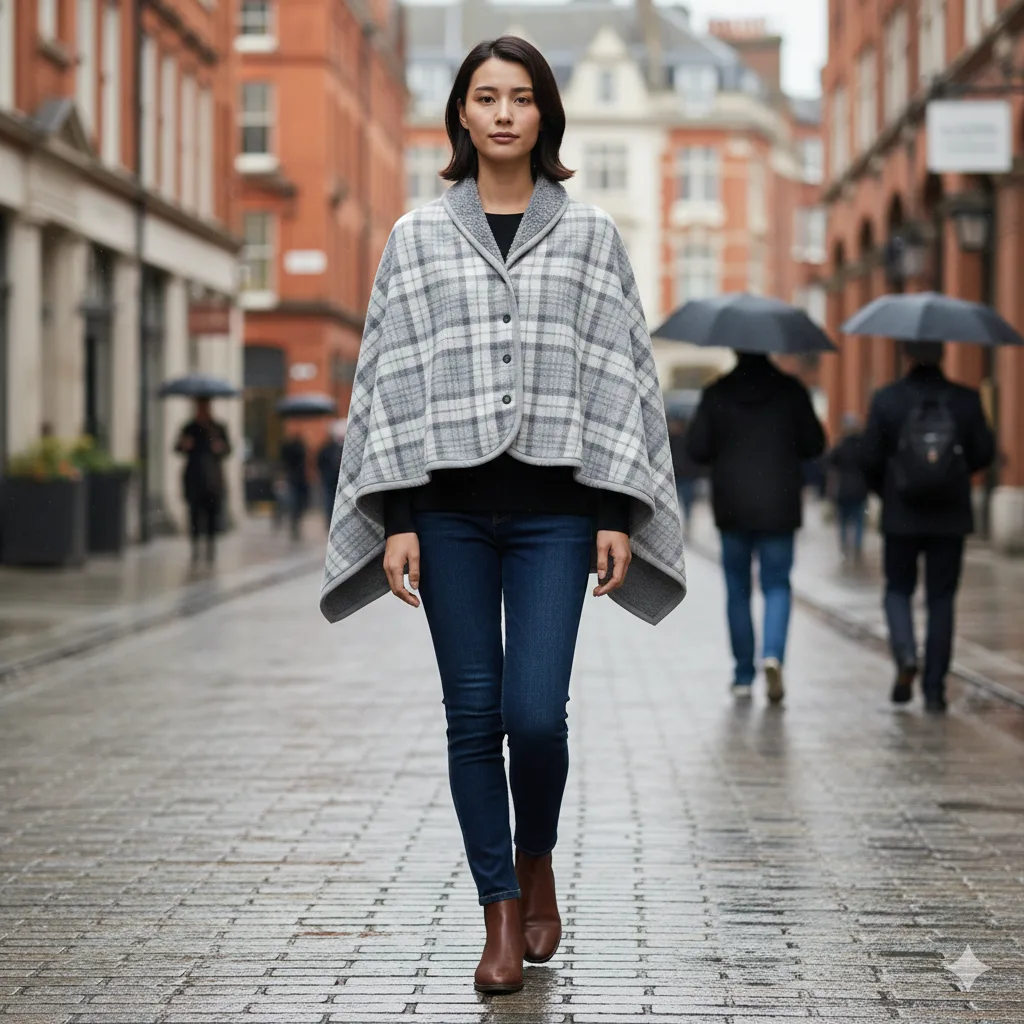 Close-up of grey plaid poncho fabric texture and lining