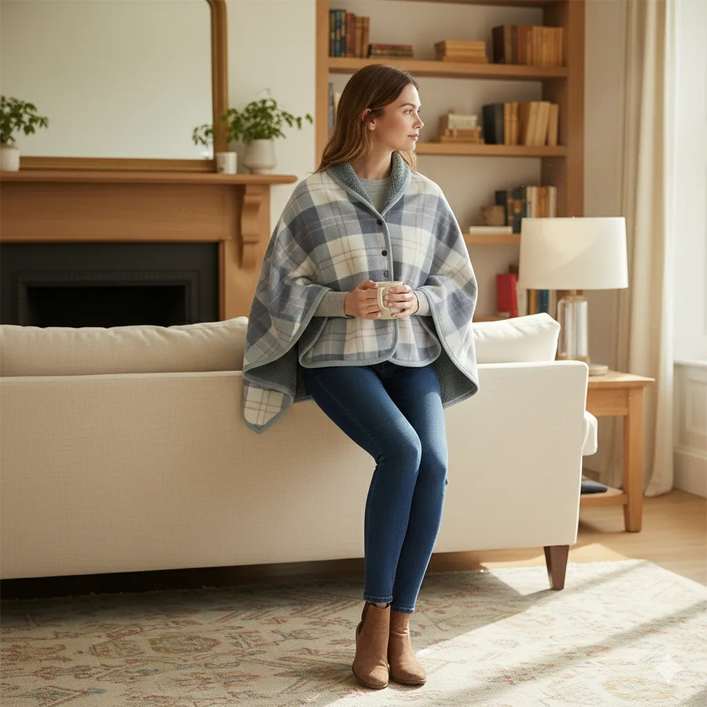 Light blue plaid women poncho worn indoors for cosy warmth