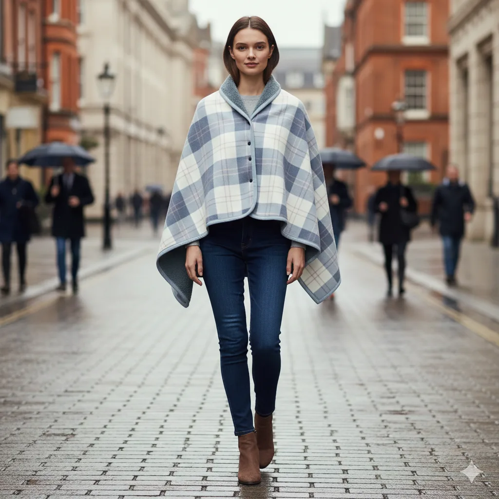 Light blue plaid poncho showing shawl-style drape and relaxed fit