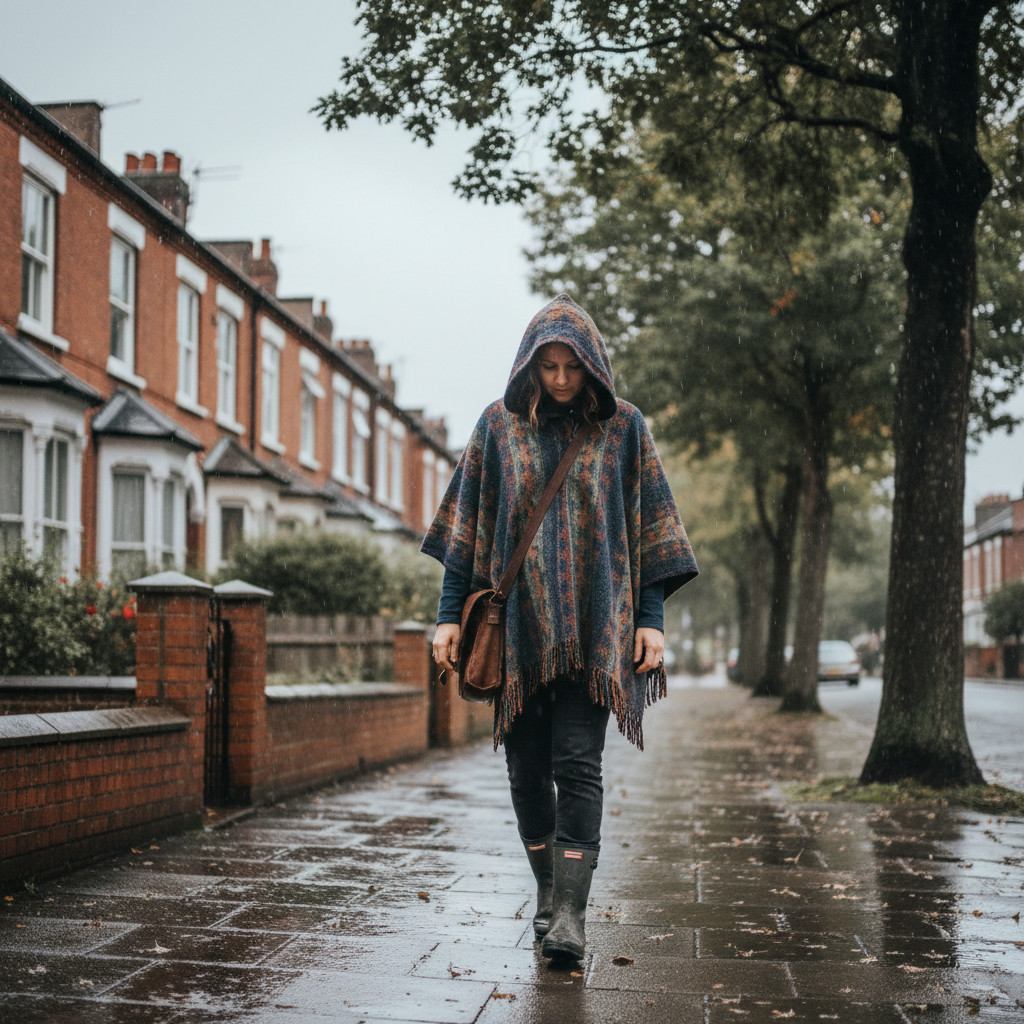 Person wearing a poncho in rainy UK weather