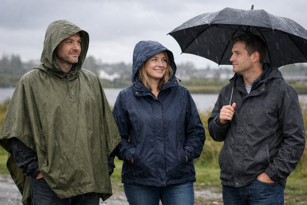 Comparison between poncho, jacket and umbrella in rainy conditions