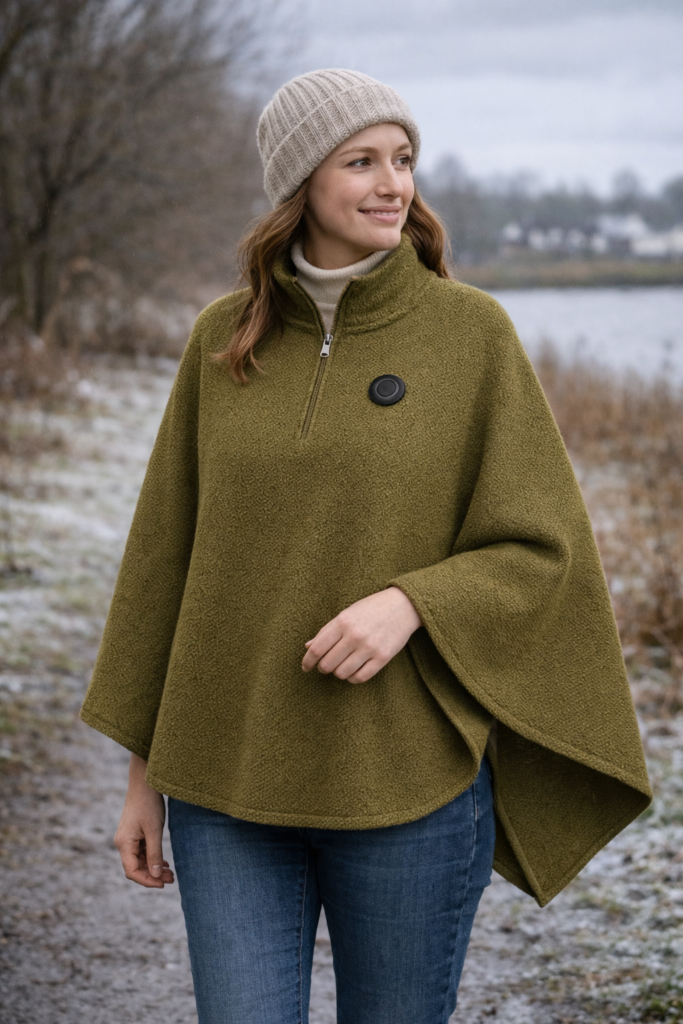 Person wearing a heated poncho outdoors during UK winter