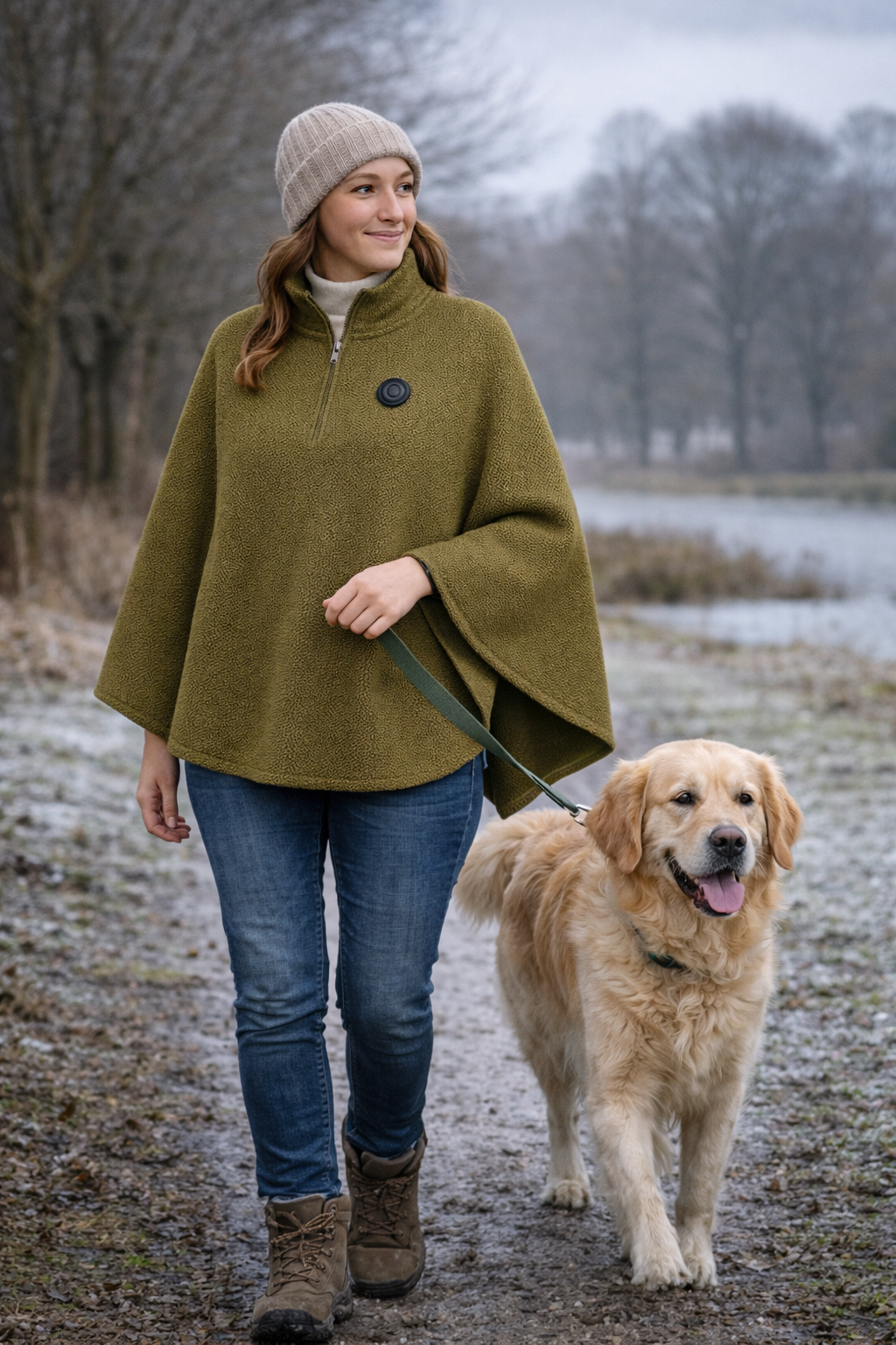 Heated poncho worn while dog walking in cold UK weather