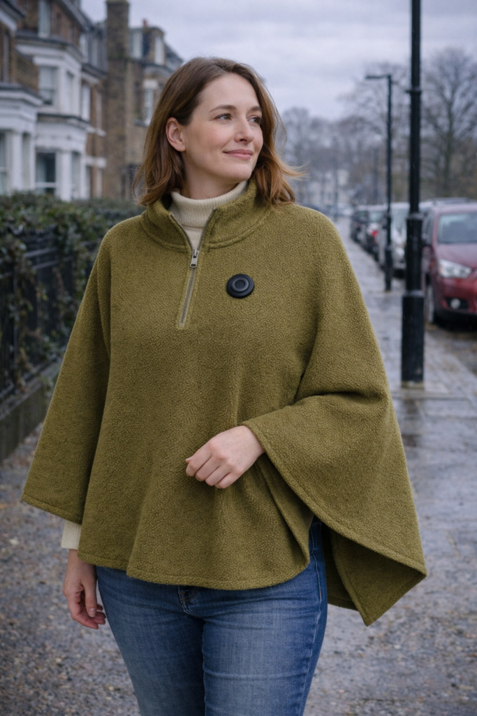 Person wearing a heated poncho outdoors in UK winter
