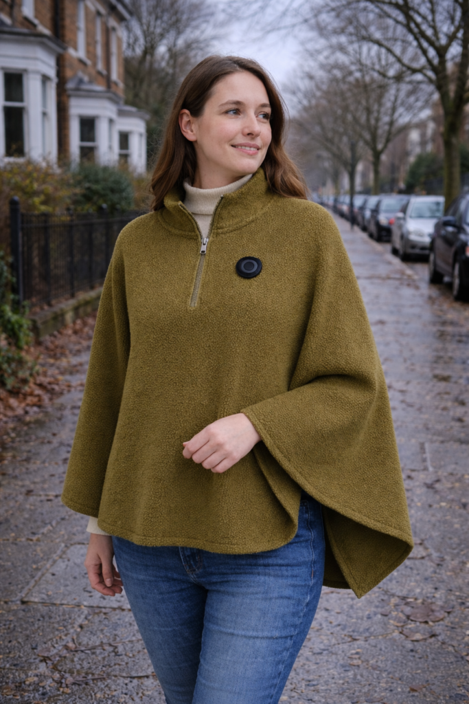 Heated poncho providing warmth while standing outdoors