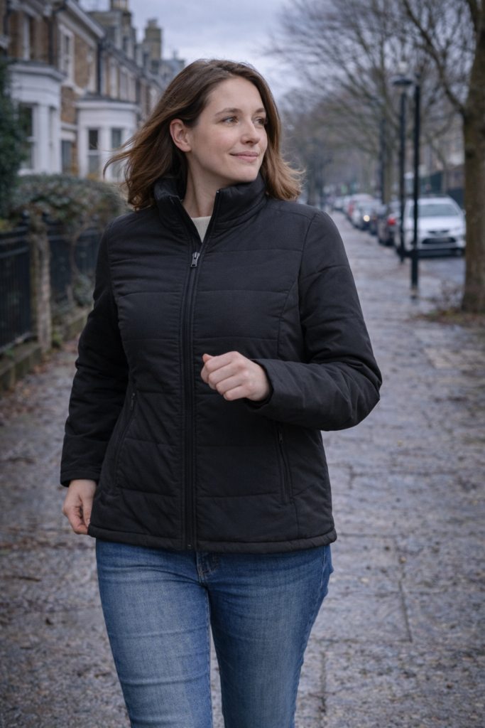 Winter jacket worn during active outdoor movement