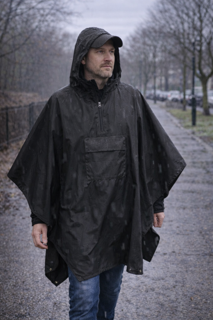 Person wearing a rain poncho while walking in the UK