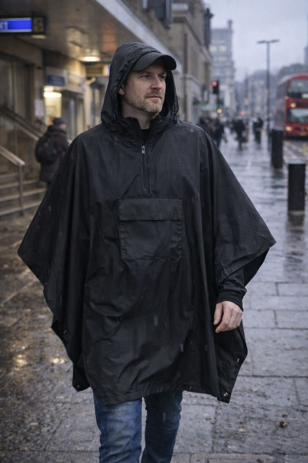 Rain poncho worn for commuting in wet UK weather