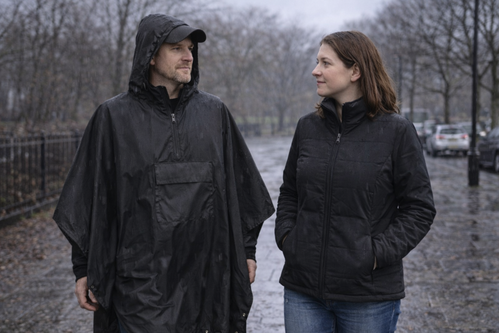 Comparison between rain poncho and rain jacket in UK rain