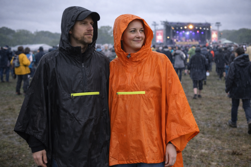 Person wearing a poncho at a UK outdoor festival