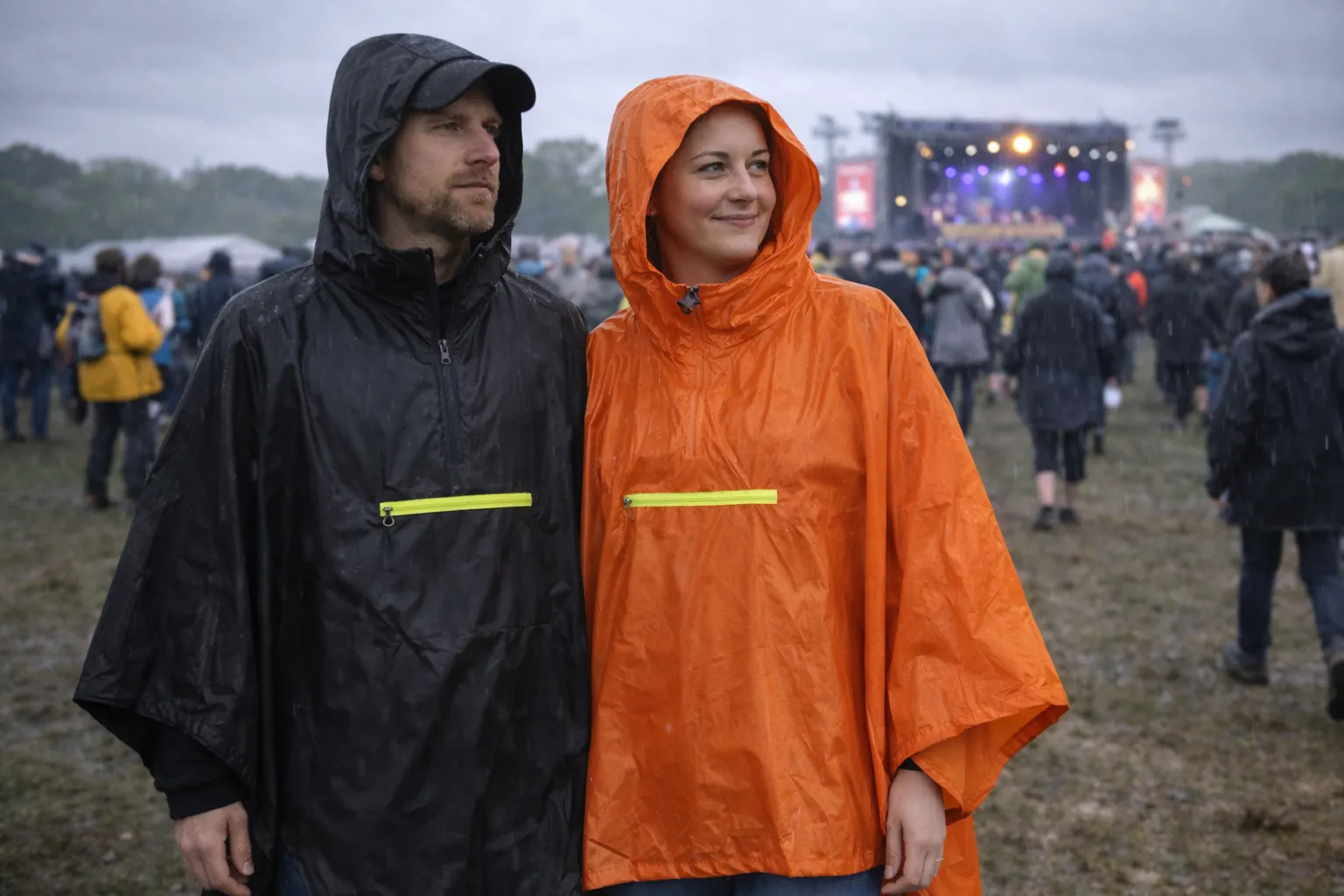 Person wearing a poncho at a UK outdoor festival