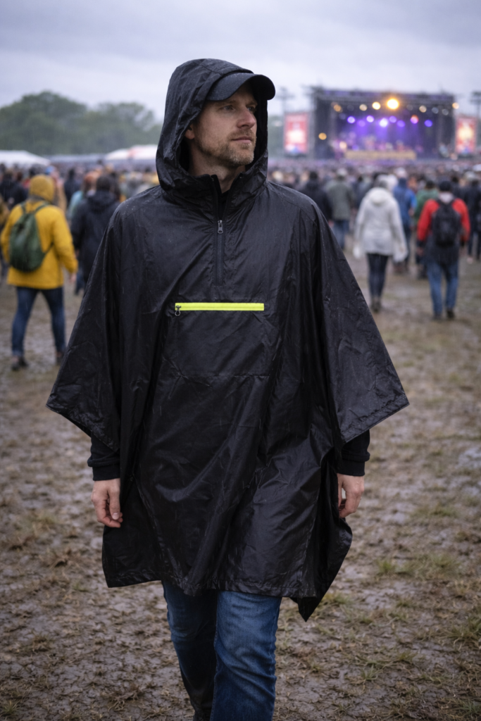 Poncho worn while moving through a festival crowd