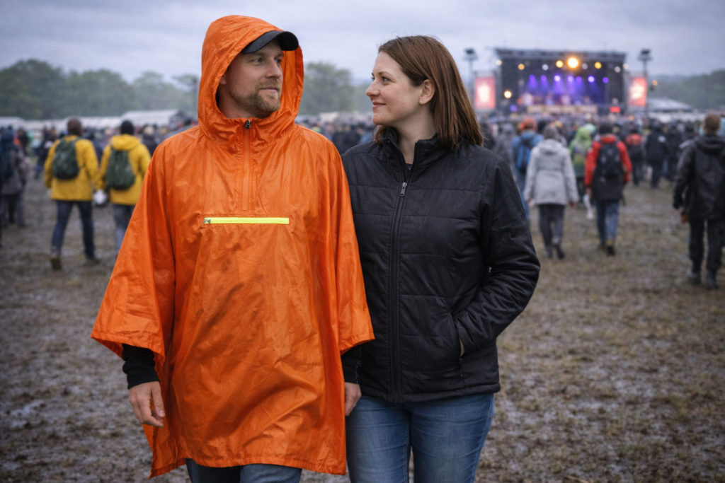 Comparison between poncho and jacket at a UK festival