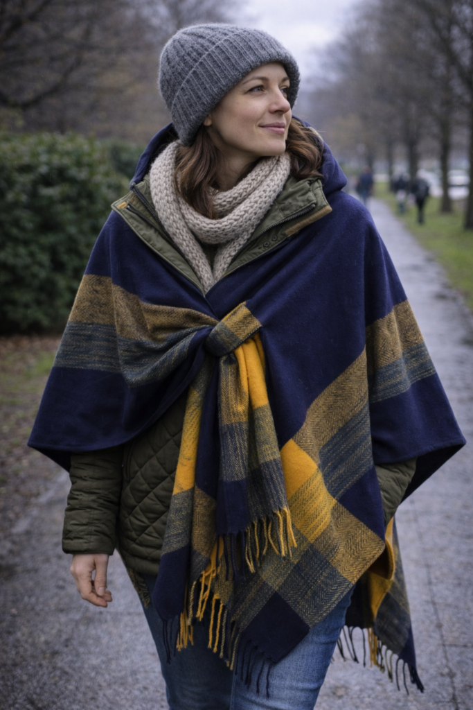 Poncho worn with layers in cool UK weather