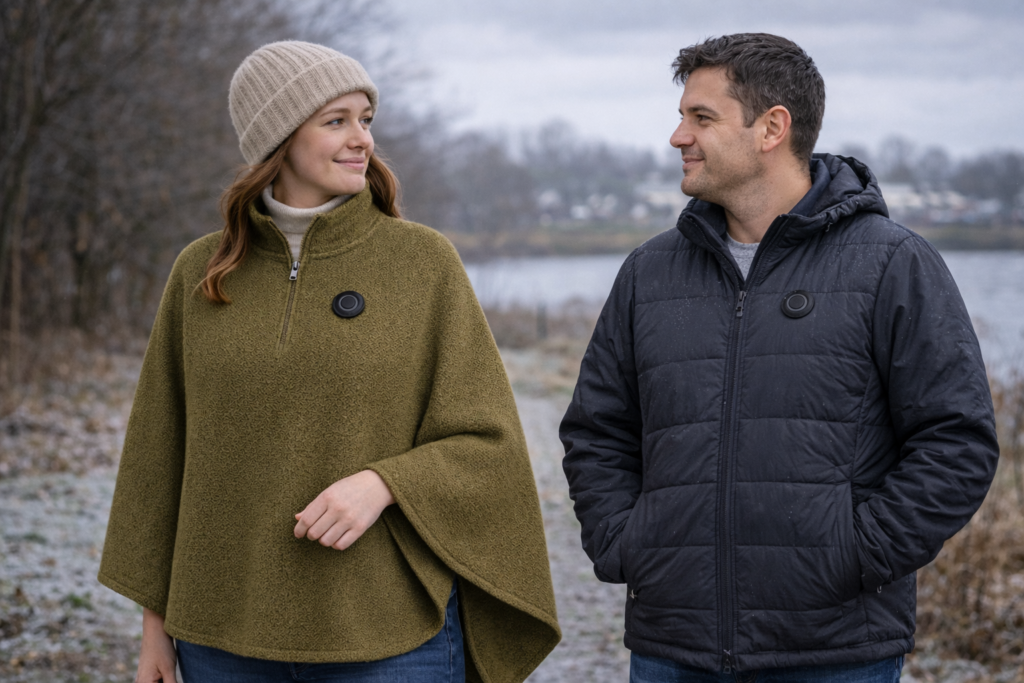 Comparison between heated poncho and heated jacket in winter