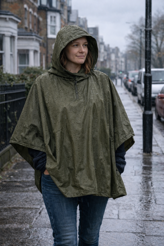 Person wearing a waterproof poncho in rainy UK weather