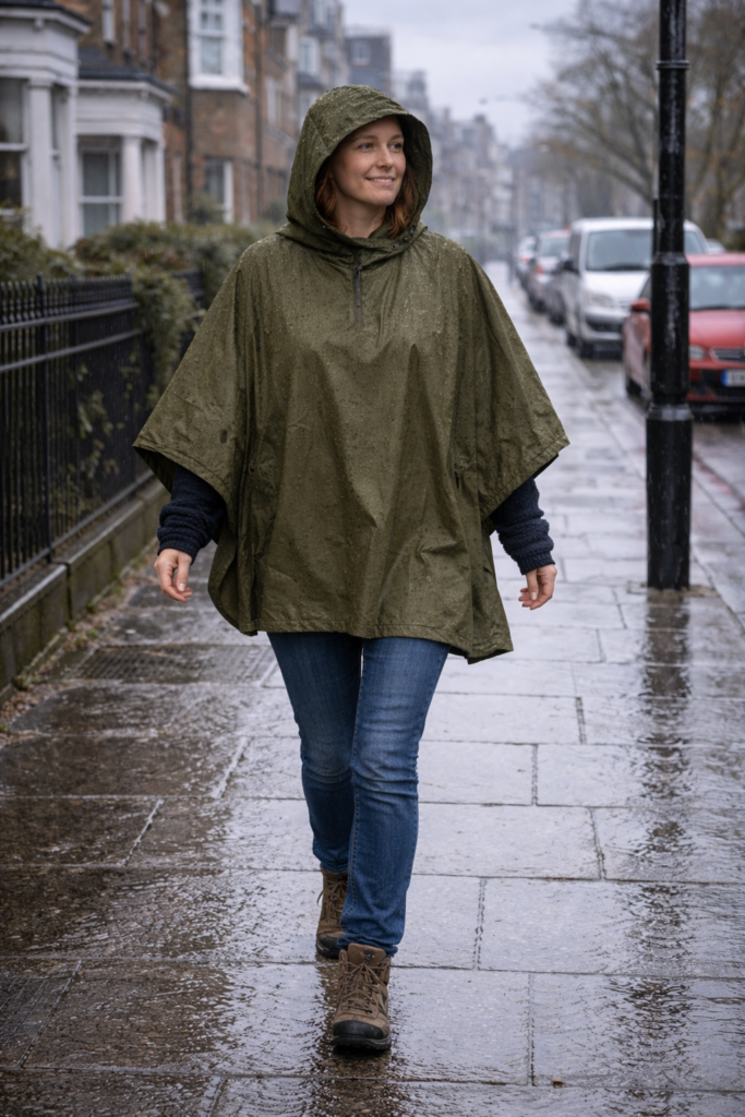 Waterproof poncho worn while walking in the rain