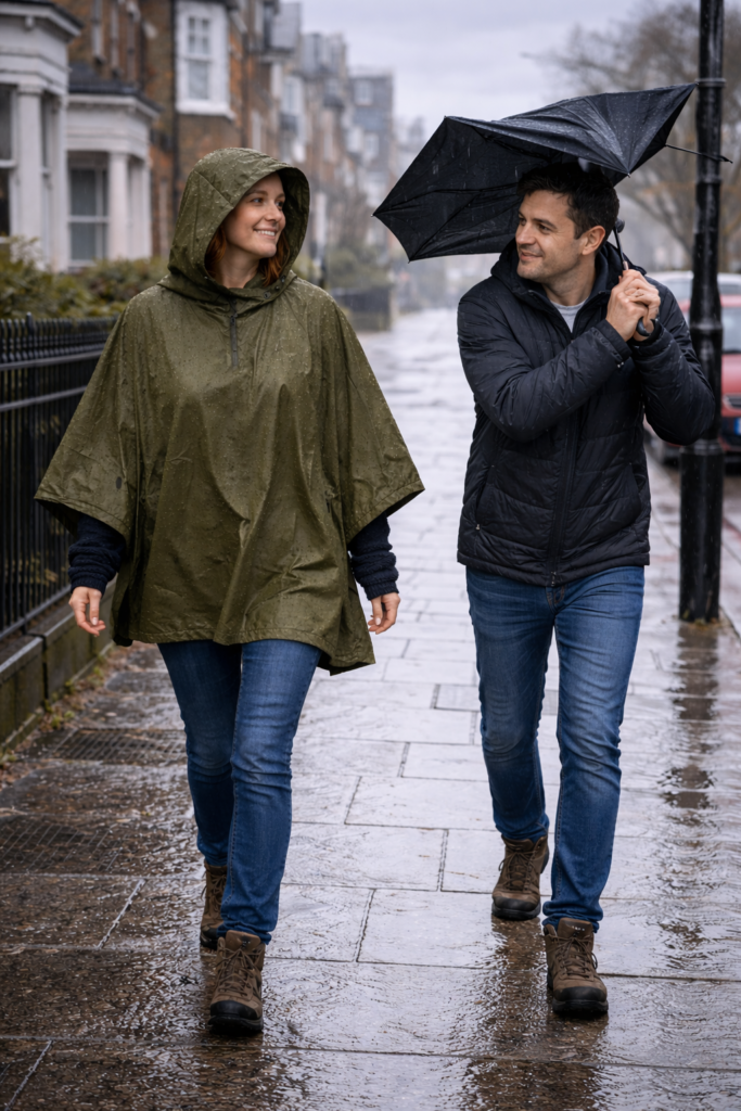 Comparison between waterproof poncho and umbrella in windy rain