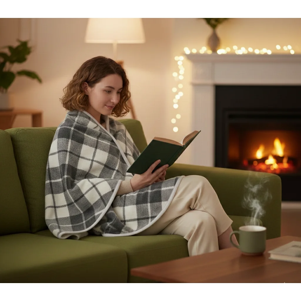 Heated poncho worn in living room