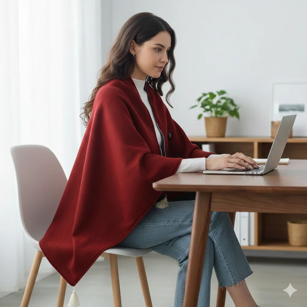 CozyTherm heated poncho blanket showing full 150x80cm coverage