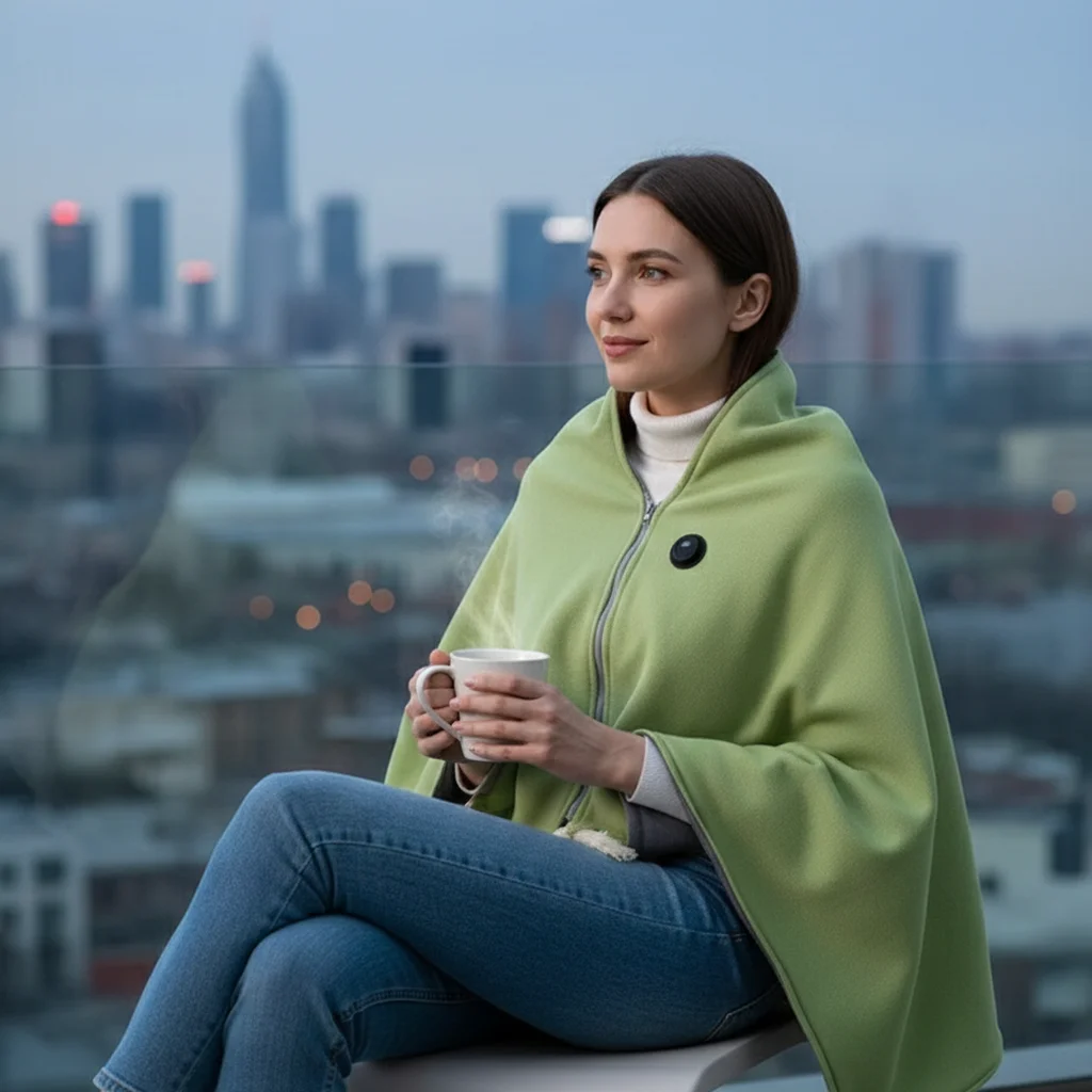 CozyTherm heated poncho blanket worn indoors on sofa