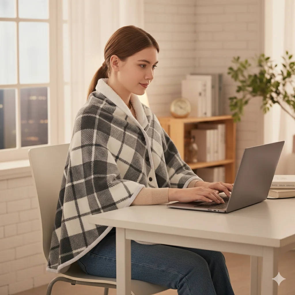 Heated poncho drape and fit shown while working indoor