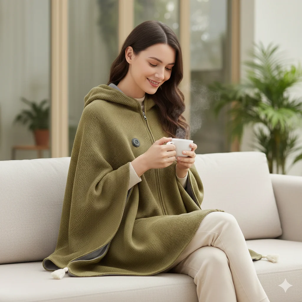Olive Comfort heated poncho blanket worn indoors for cosy warmth
